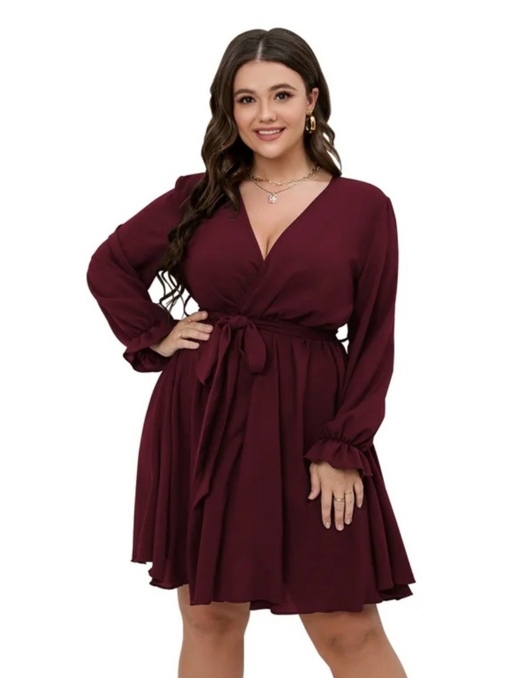 SCOMCHIC Women's Plus Size Long Sleeve Wrap V Neck Tie Mini Dress Size 4XL